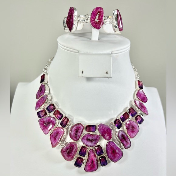 Pink Solar Quartz 925 Large Gemstone Necklace & Bracelet - Picture 1 of 8